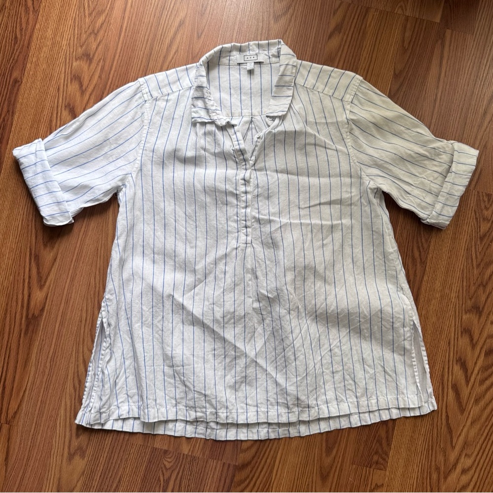 AYR White and Blue Pinstripe Lightweight Button-Front Blouse